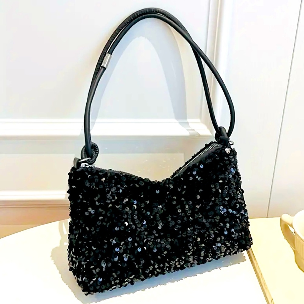 New - Elegant Sparkling Sequin Small Square Evening Clutch Bag - Black